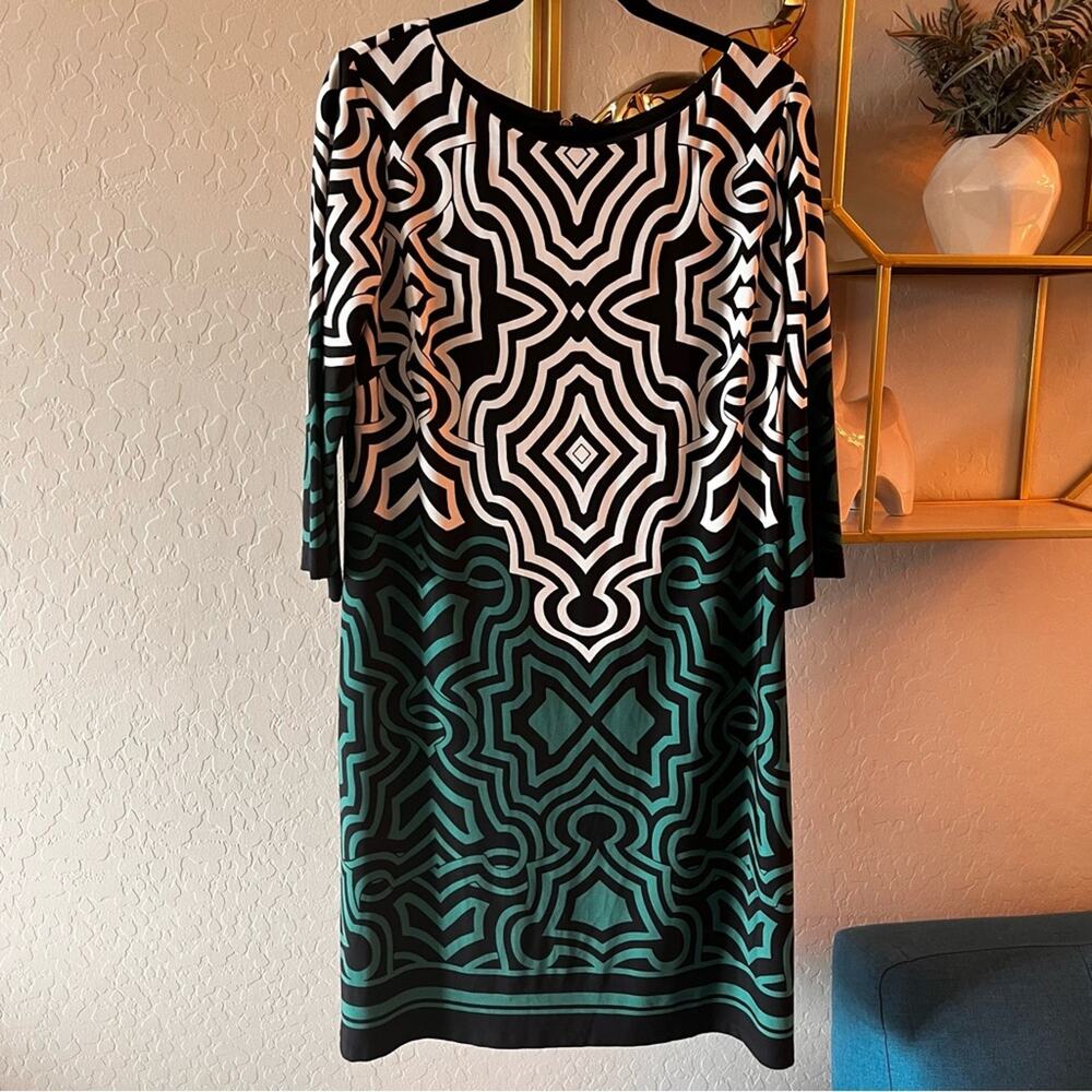 FLAW Fenn Wright Manson Geometric Black Green Dress long sleeve womens 14